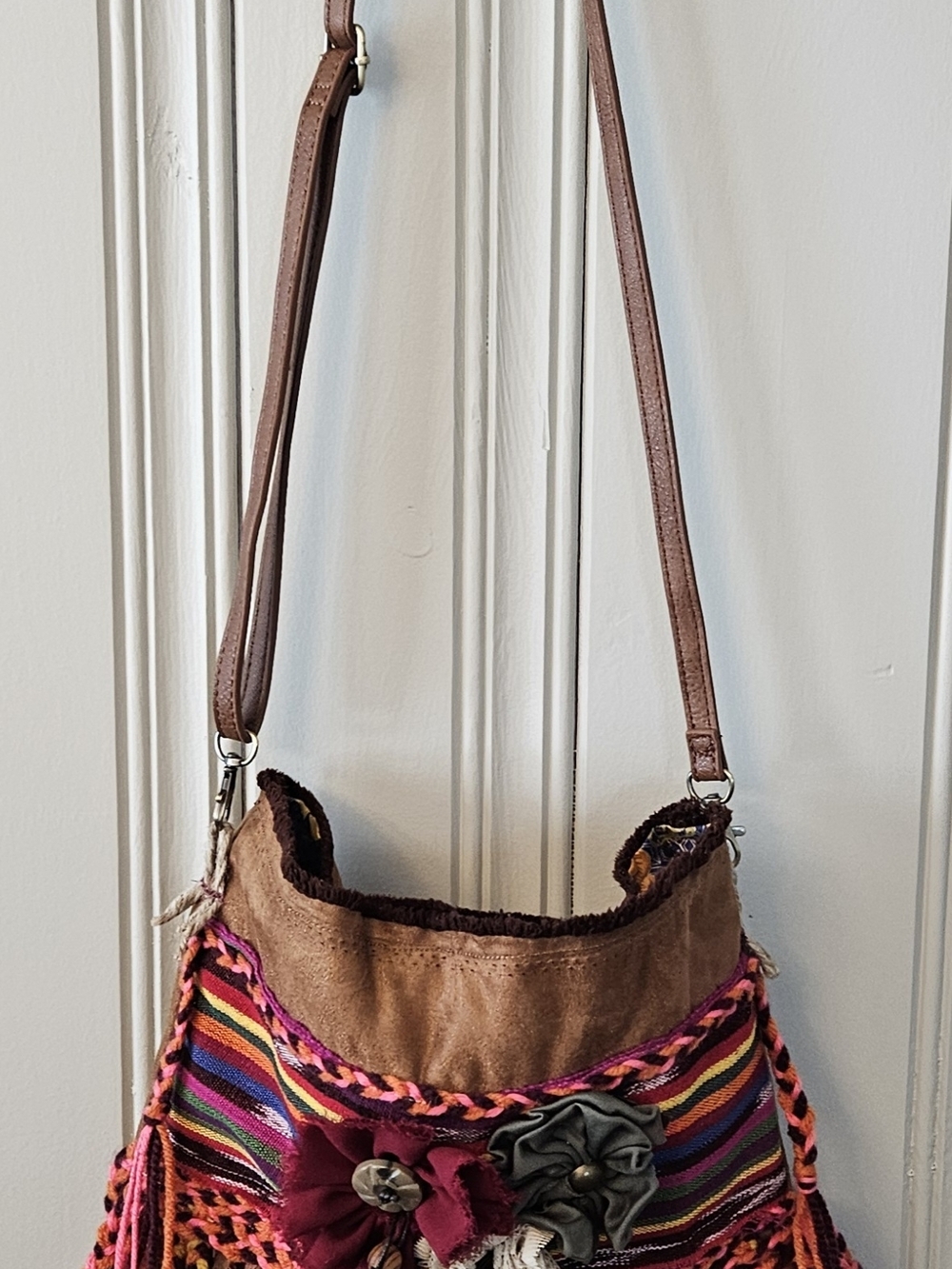 Fringed Faux Suede Boho Shoulder Bag with Multicolor Stripe Panel Handmade - Picture 2 of 12